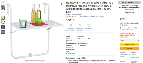 Relaxdays Stół wiszący na balkon, składany, 3-stopniowa regulacja, blat w stylu rattanu, 59,5 x 36 cm, biały Relaxdays Stół wiszący na balkon, składany, 3-stopniowa regulacja, blat w stylu rattanu, 59,5 x 36 cm, biały